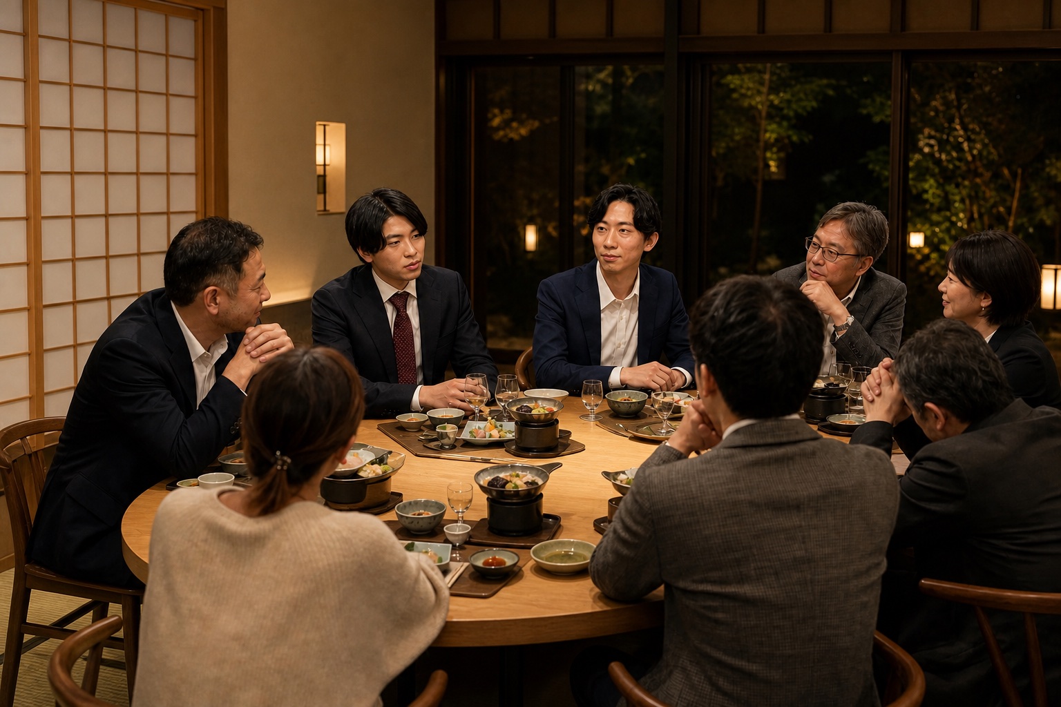 佐藤傑と澁江周真を囲み、一日の実践後に参加者が食事と対話を楽しむAI生成イメージ