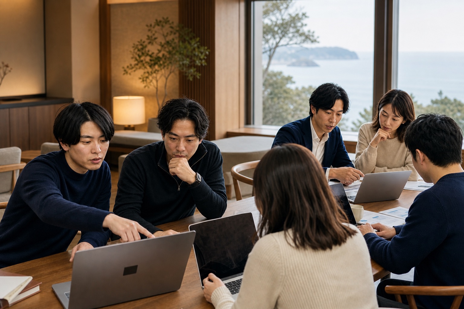 佐藤傑と澁江周真が二手に分かれて参加者のパソコン作業を支援するAI生成イメージ