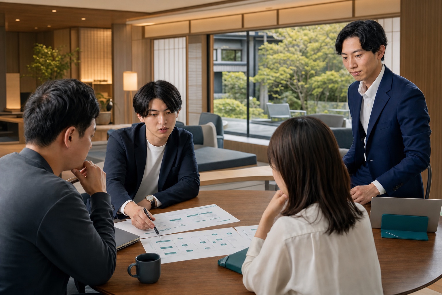 佐藤傑と澁江周真が参加者の自社業務を一緒に整理するAI生成イメージ